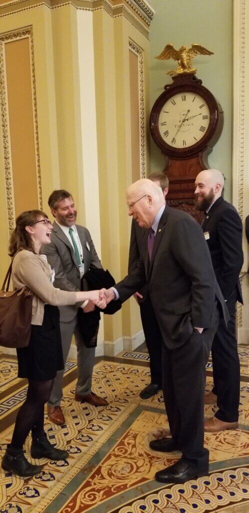 Senator Leahy meets Anna Berg from the Washington County Youth Service Bureau and MENTOR Vermont staff at the National Mentoring Summit in 2018.
